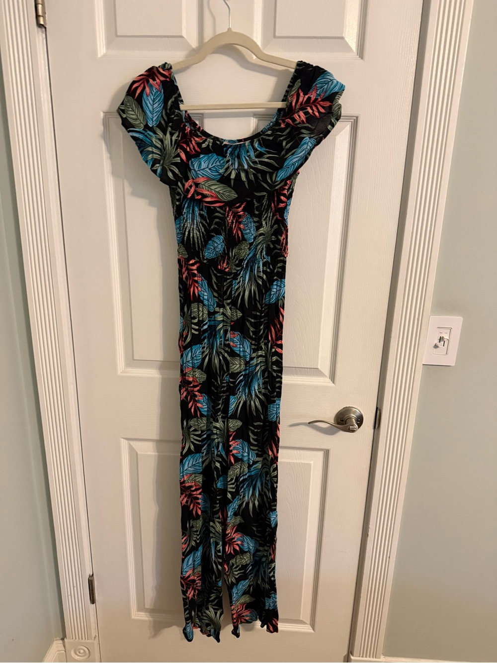 miami Black One-Piece Jumpsuit with Blue, Green and Pink Leaf Print